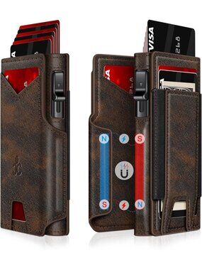 〽️ Men Dark Brown Pop Up 9-13 Card Holder Bifold Minimalist Smart Wallet